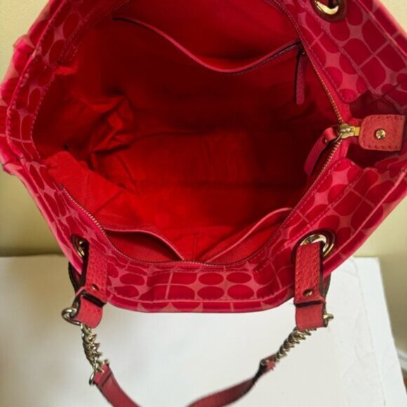 Kate Spade Pink Jacquard Pink Canvas Chain Strap Tote Shoulder Bag Leather Print - Picture 8 of 16